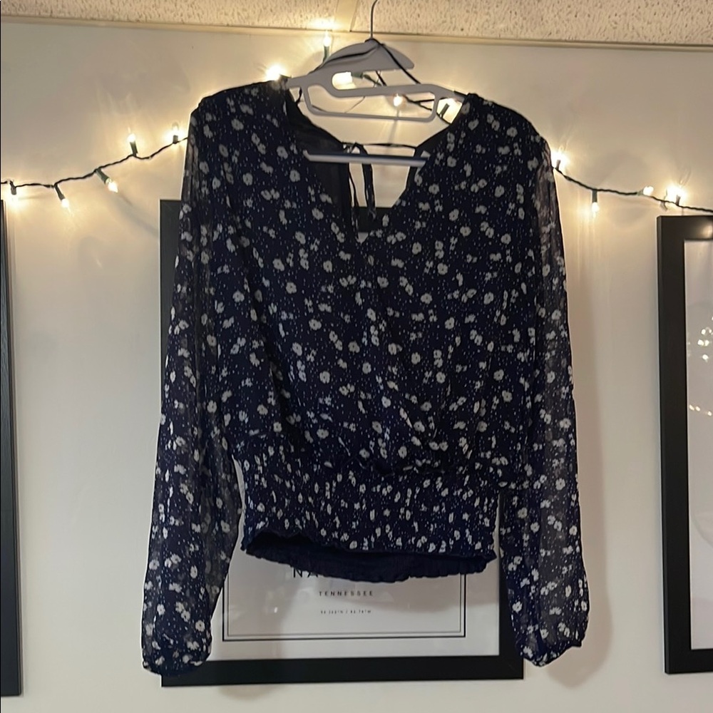 Lush Blue and White Smocked Puff Sleeve Top
